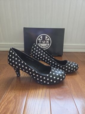 T.U.K Black and White Polka Dot Mid Heel Pumps